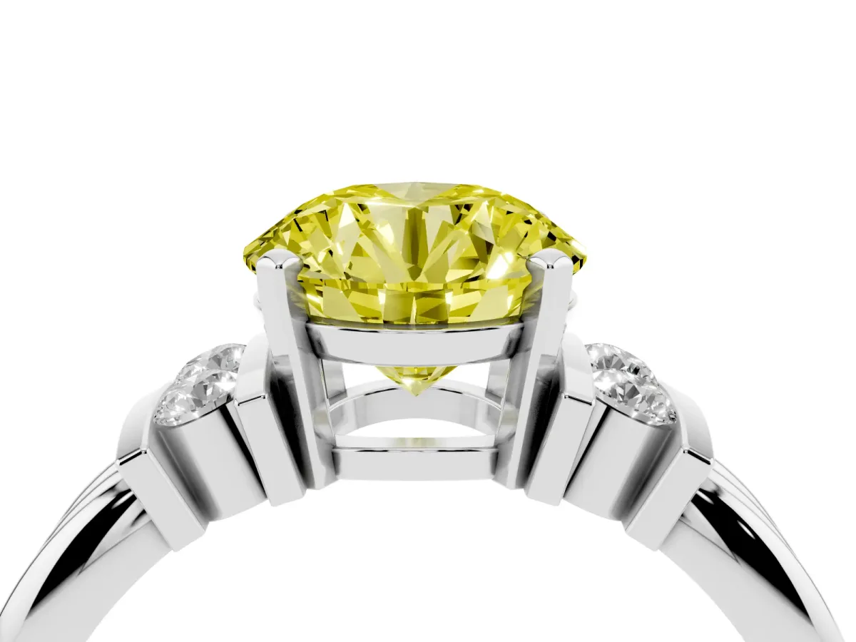Fancy Yellow Round Cut Cut Three-Stone Channel Set Ring with Bar Prongs Silver