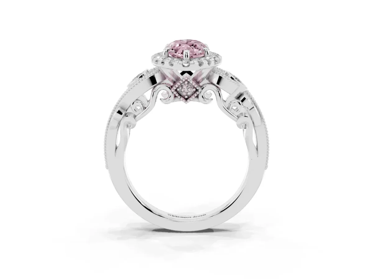 Fancy Pink Marquise Cut Halo Diamond Ring with Milgrain and Bezel Accents on a Split Shank Band White gold