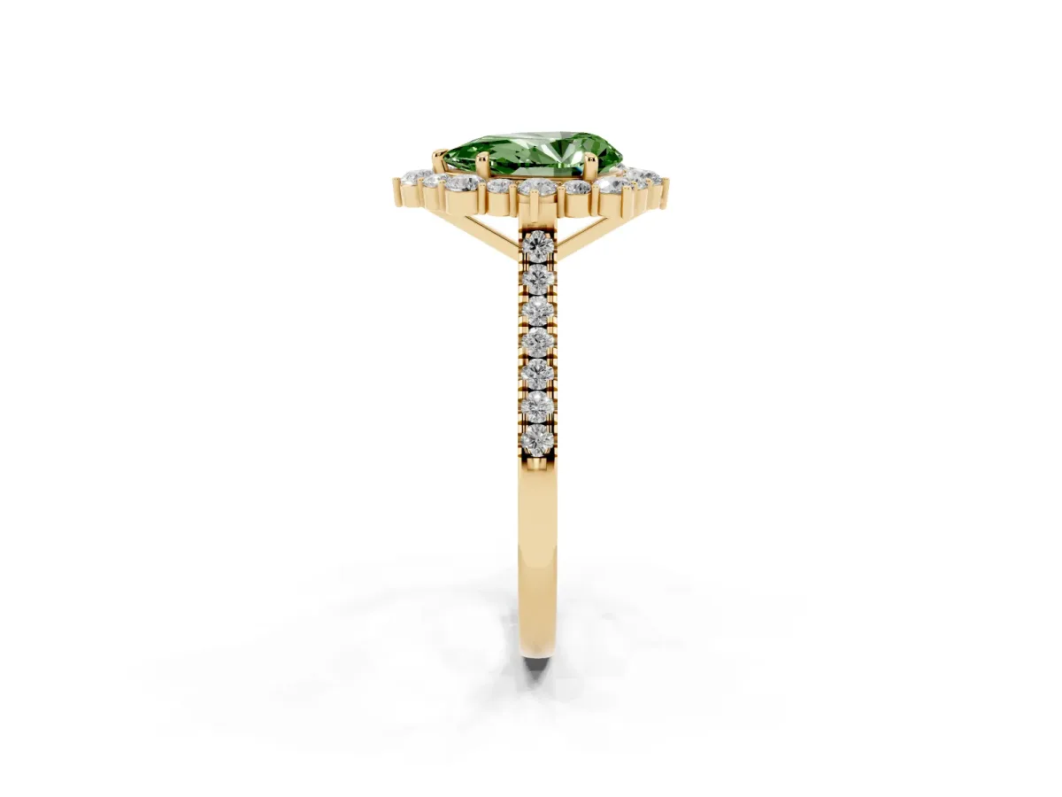 Fancy Green Pear Cut Halo Diamond Ring with Pavé Band and Prong Setting Yellow gold