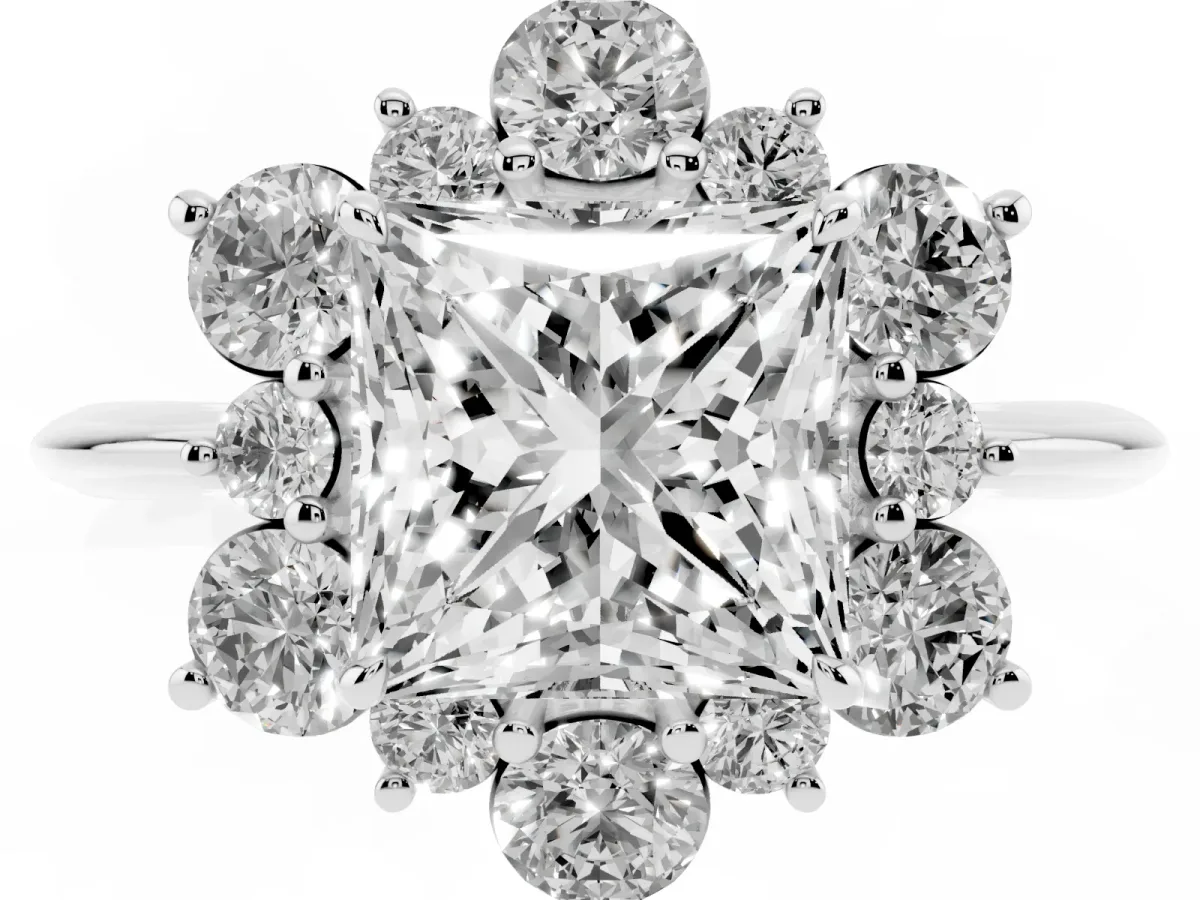 Princess Cut Diamond Cluster Halo Ring with Solitaire Band and Four-Prong Setting Silver