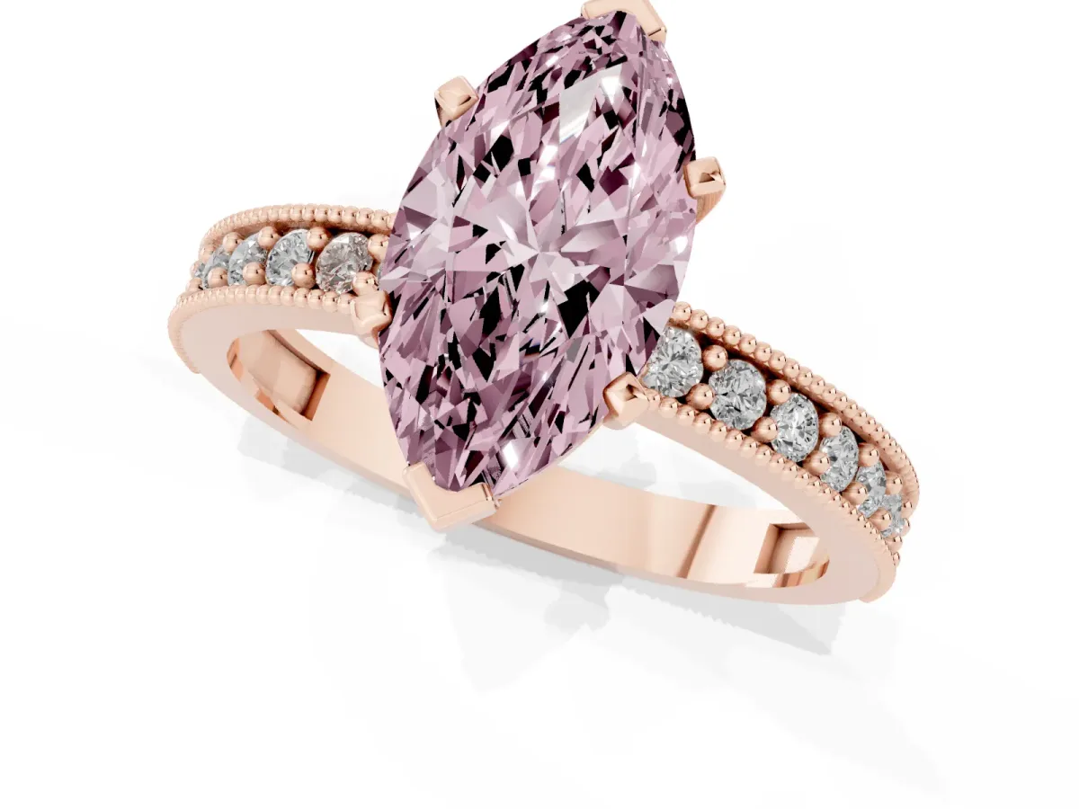 Fancy Pink Marquise Cut Diamond Milgrain Pavé Engagement Ring with Four-Prong Setting Rose gold