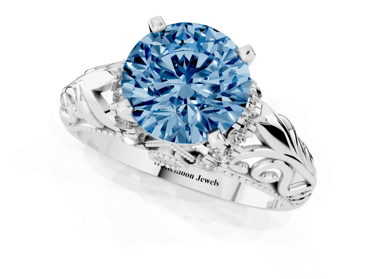 Fancy Blue Round Cut Solitaire Filigree Engagement Ring with Halo and Prong Setting White gold