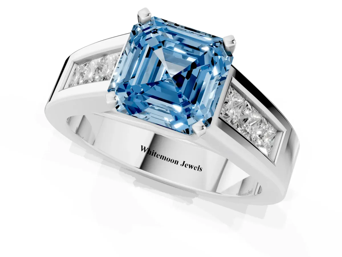 Fancy Blue Asscher Cut Cut Channel Set Solitaire Ring with Four-Prong Setting Silver