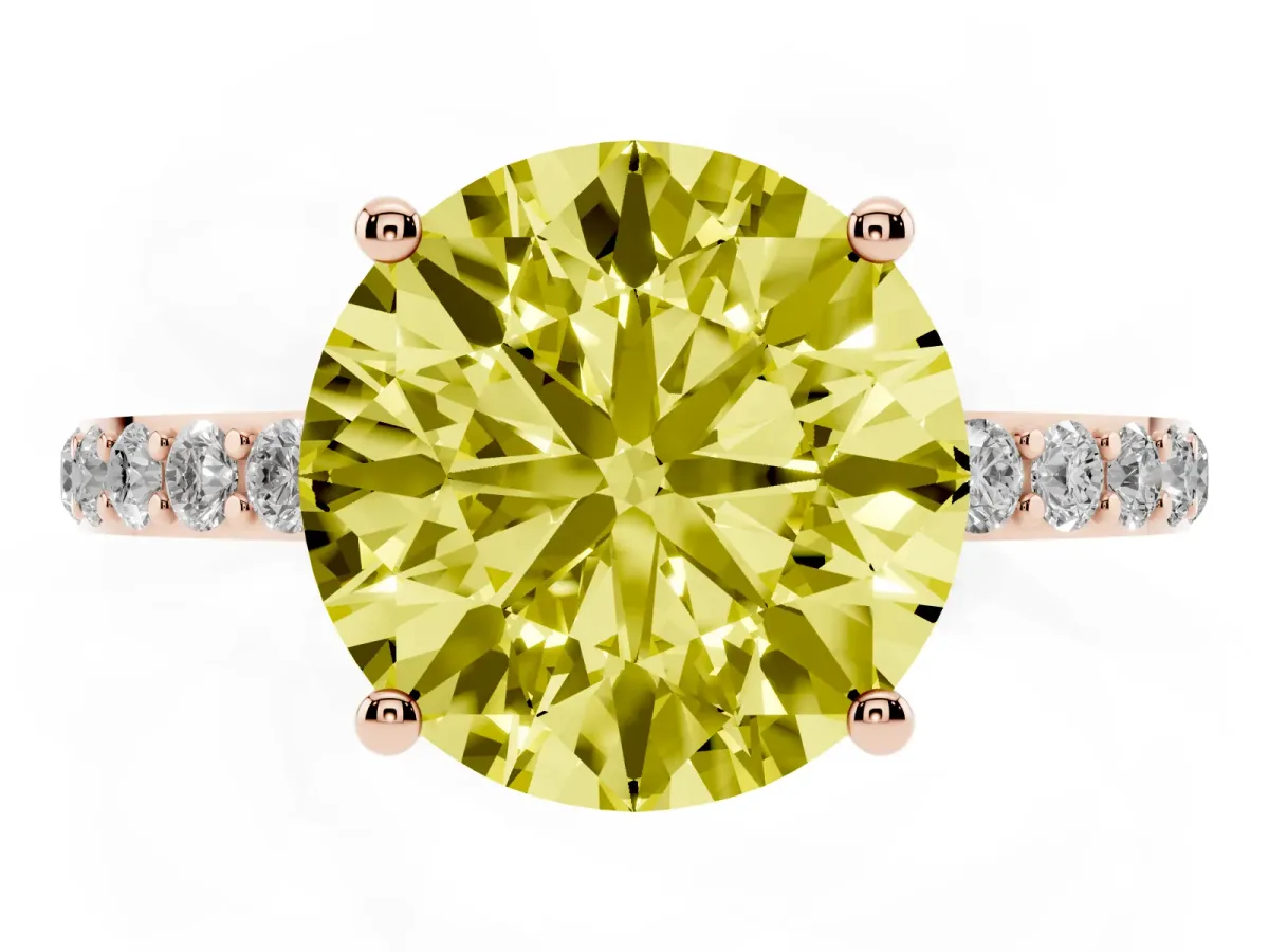 Fancy Yellow Round Cut Diamond Solitaire Ring with Round Pavé Shoulders and Prong Setting Rose gold