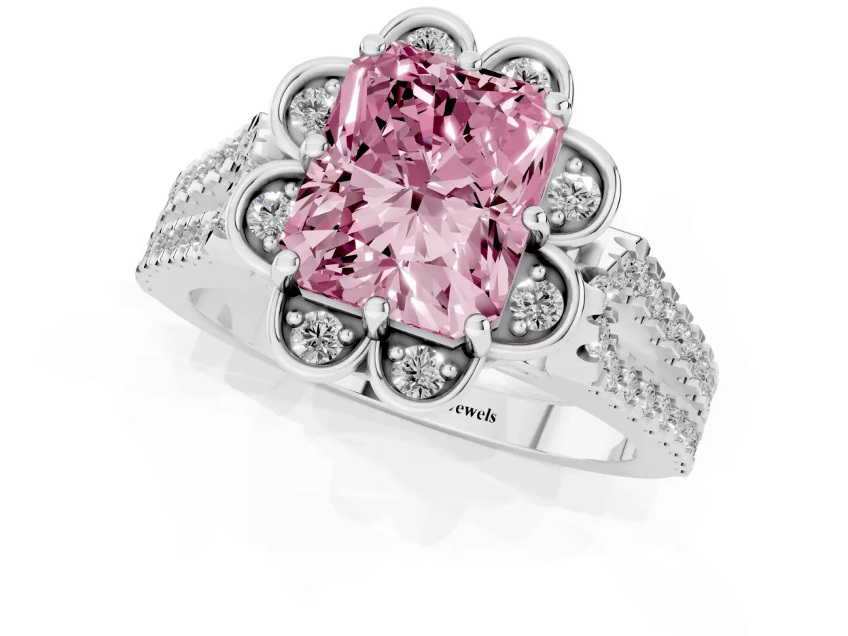Fancy Pink Radiant Cut Halo Diamond Floral Split Shank Engagement Ring Platinum