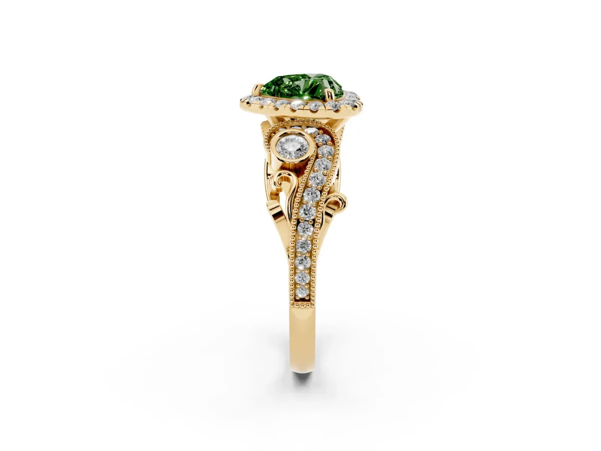 Fancy Green Heart Cut Halo Diamond Ring with Milgrain and Bezel Accents on a Split Shank Band Yellow gold