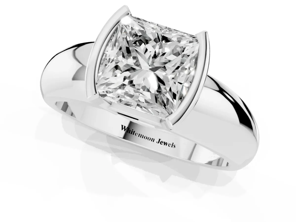 Princess Cut Solitaire Tension Set Diamond Ring with Wide Band Silver