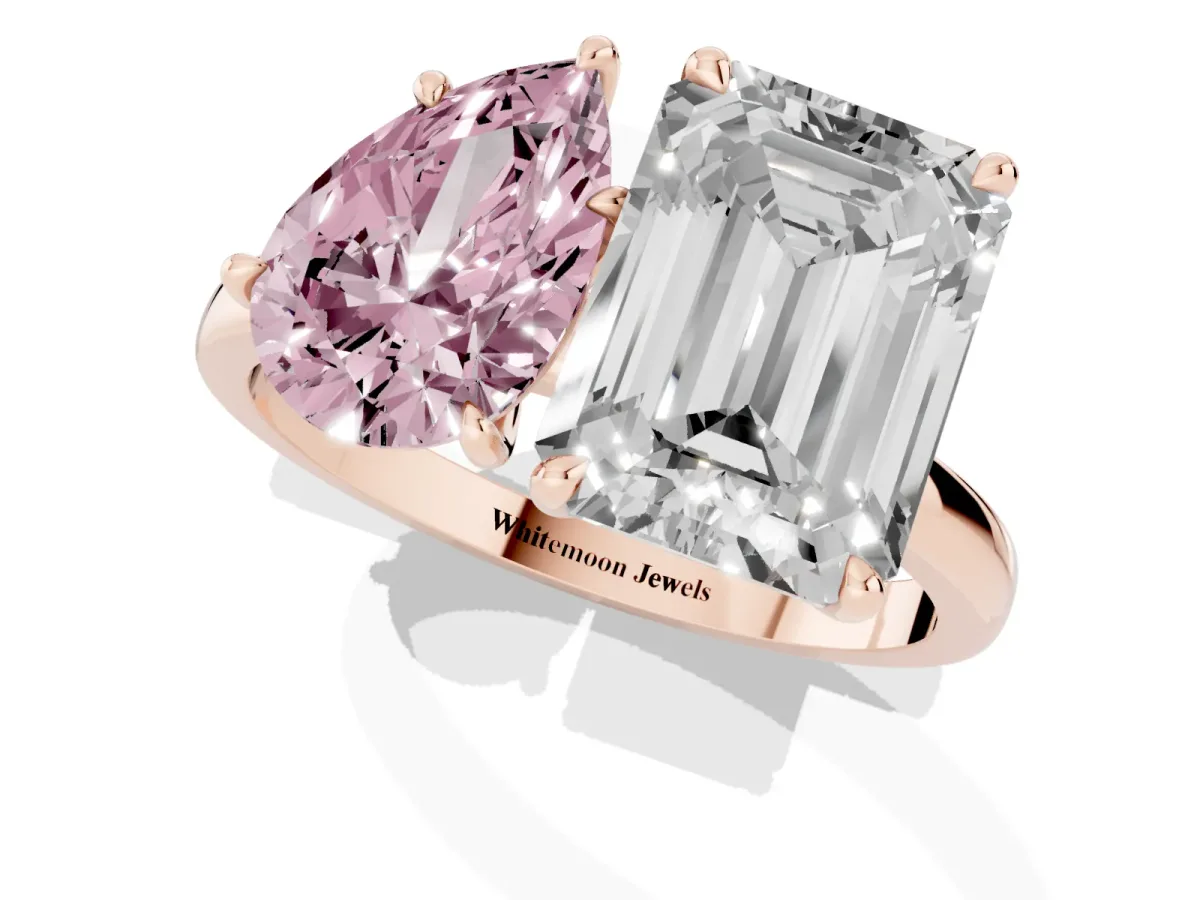 Fancy Pink Pear Cut and Emerald Cut Toi Moi Ring with Prong Setting Rose gold