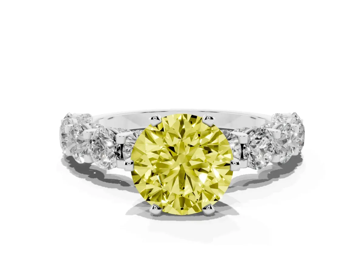 Fancy Yellow Round Cut Diamond Side Stone Engagement Ring with Four-Prong Setting Platinum
