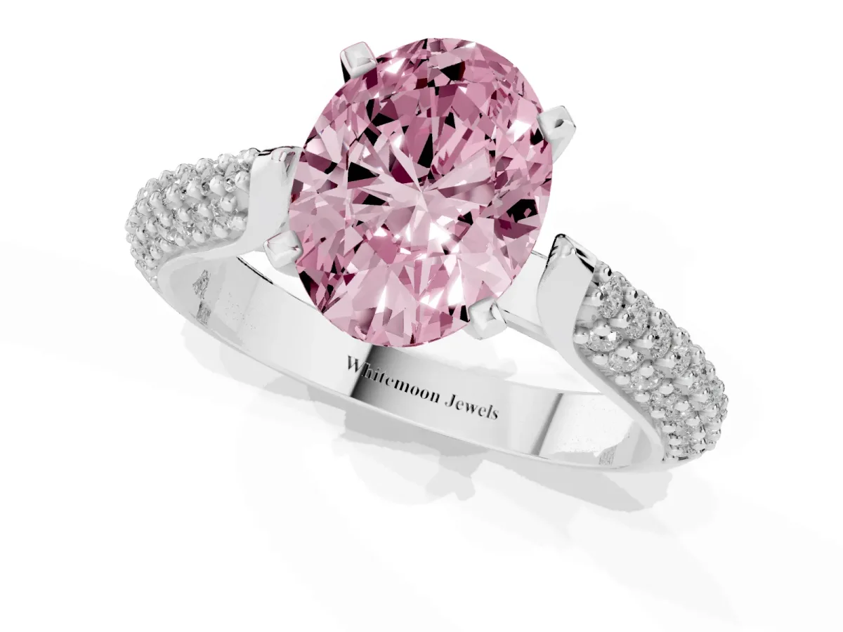 Fancy Pink Oval Cut Diamond Solitaire Engagement Ring with Multi-Row Round Pavé Band and Prong Setting Silver