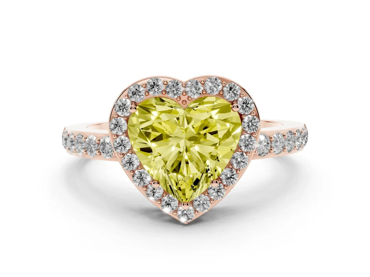 Fancy Yellow Heart Cut Halo Diamond Pavé Band Ring with Prong Setting Rose gold