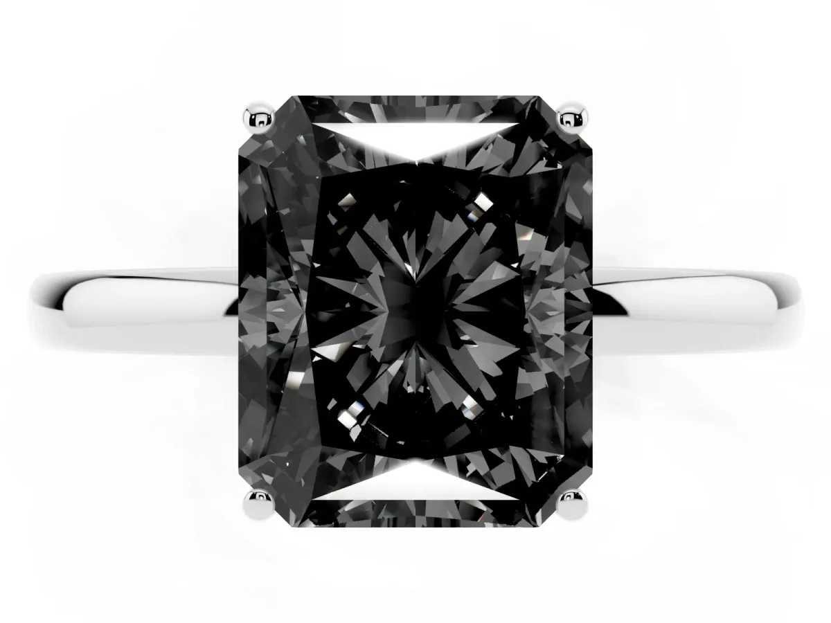 Fancy Black Radiant Cut Solitaire Diamond Ring with Prong Setting and Plain Band Platinum