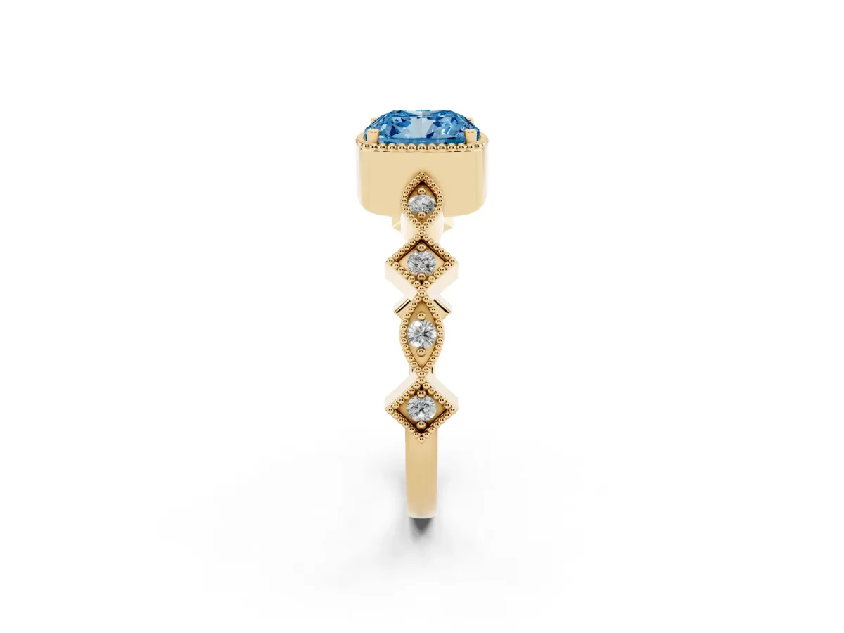 Fancy Blue Cushion Cut Milgrain Marquise Diamond Twist Band Ring Yellow gold