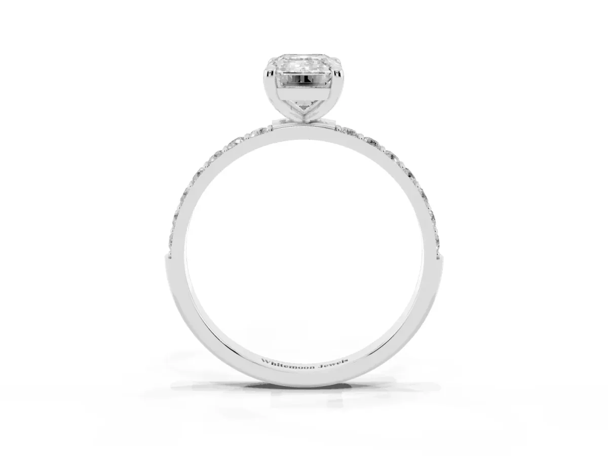 Emerald Cut Diamond Solitaire Ring with Round Pavé Band and Prong Setting Platinum