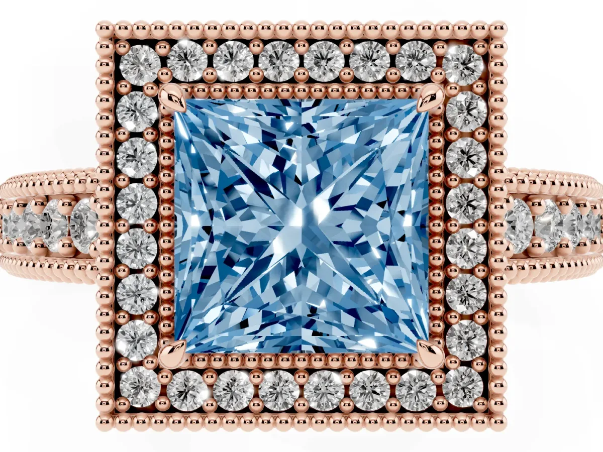 Fancy Blue Princess Cut Cut Halo Diamond Ring with Pavé Band and Four-Prong Setting Rose gold