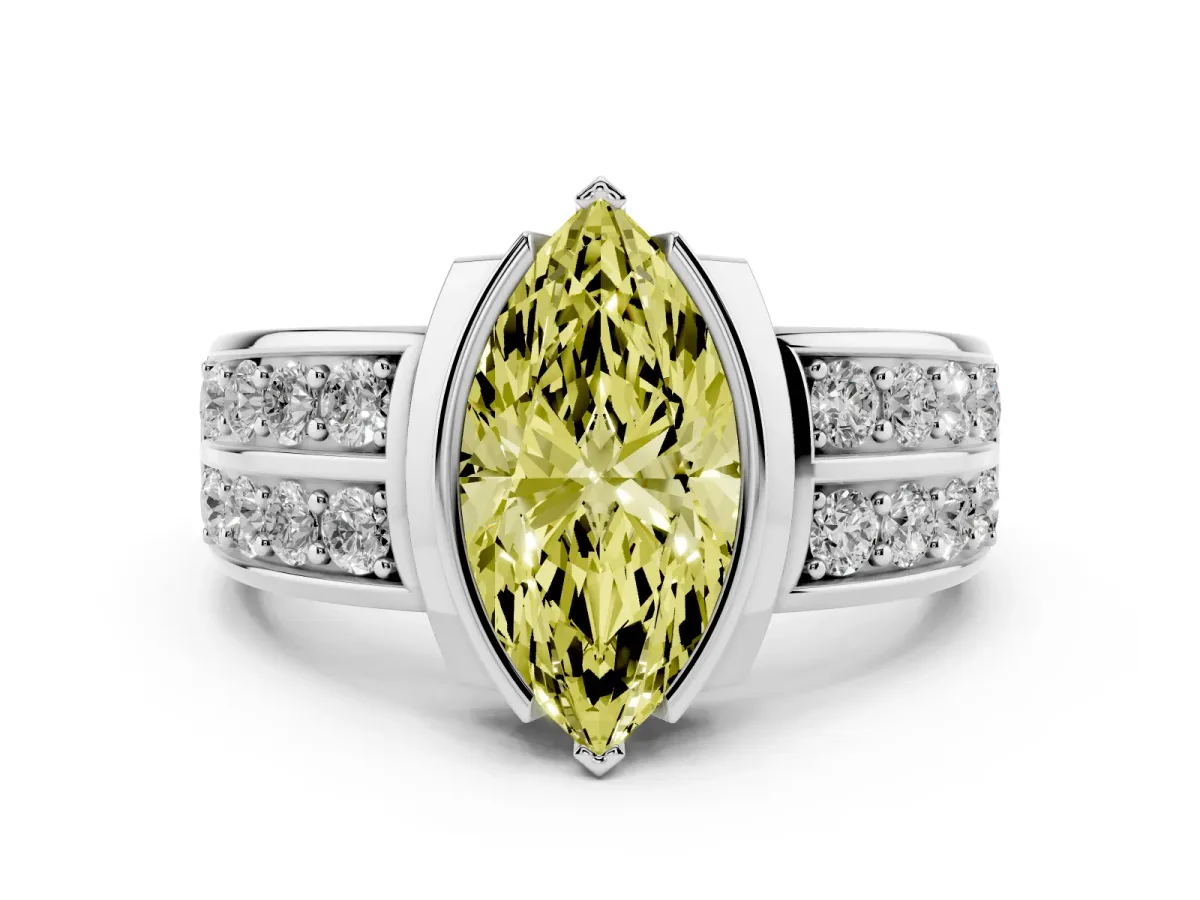 Fancy Yellow Marquise Cut Brilliant Diamond Channel Set Wide Band Ring with Bezel Setting White gold