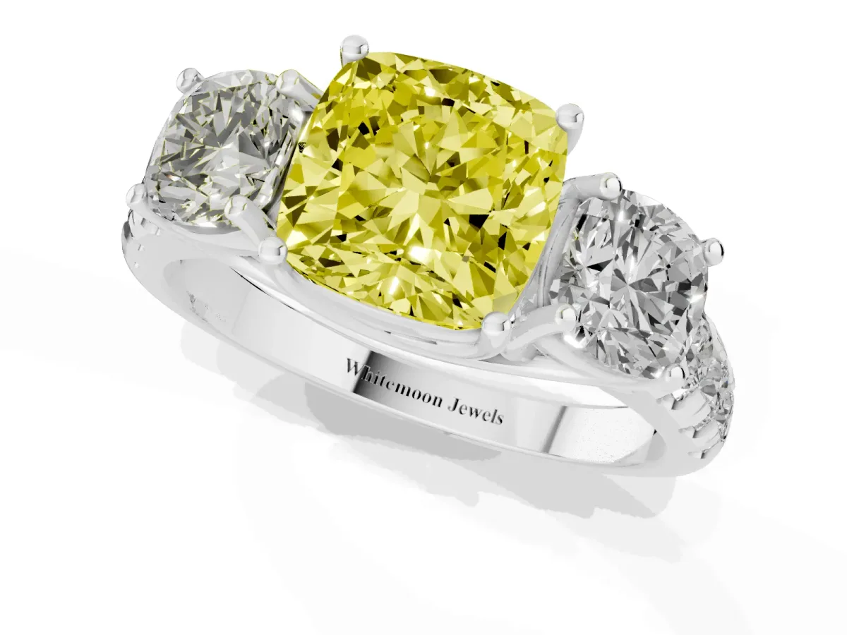 Fancy Yellow Three-Stone Cushion Cut Diamond Pavé Band with Prong Setting Platinum