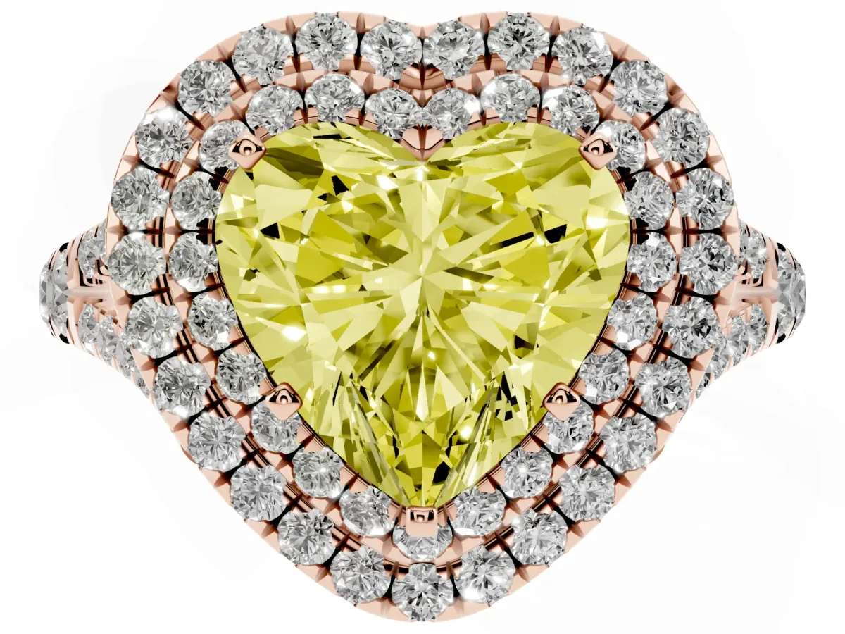 Fancy Yellow Heart Cut Cut Double Halo Split Shank Diamond Ring with Prong Setting Rose gold
