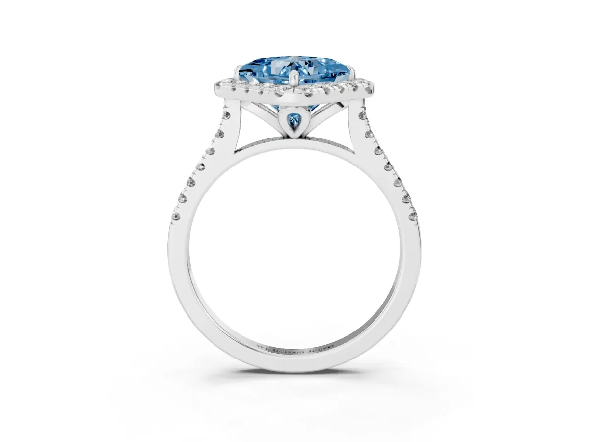 Fancy Blue Princess Cut Diamond Cushion Halo Ring with Pavé Band Silver