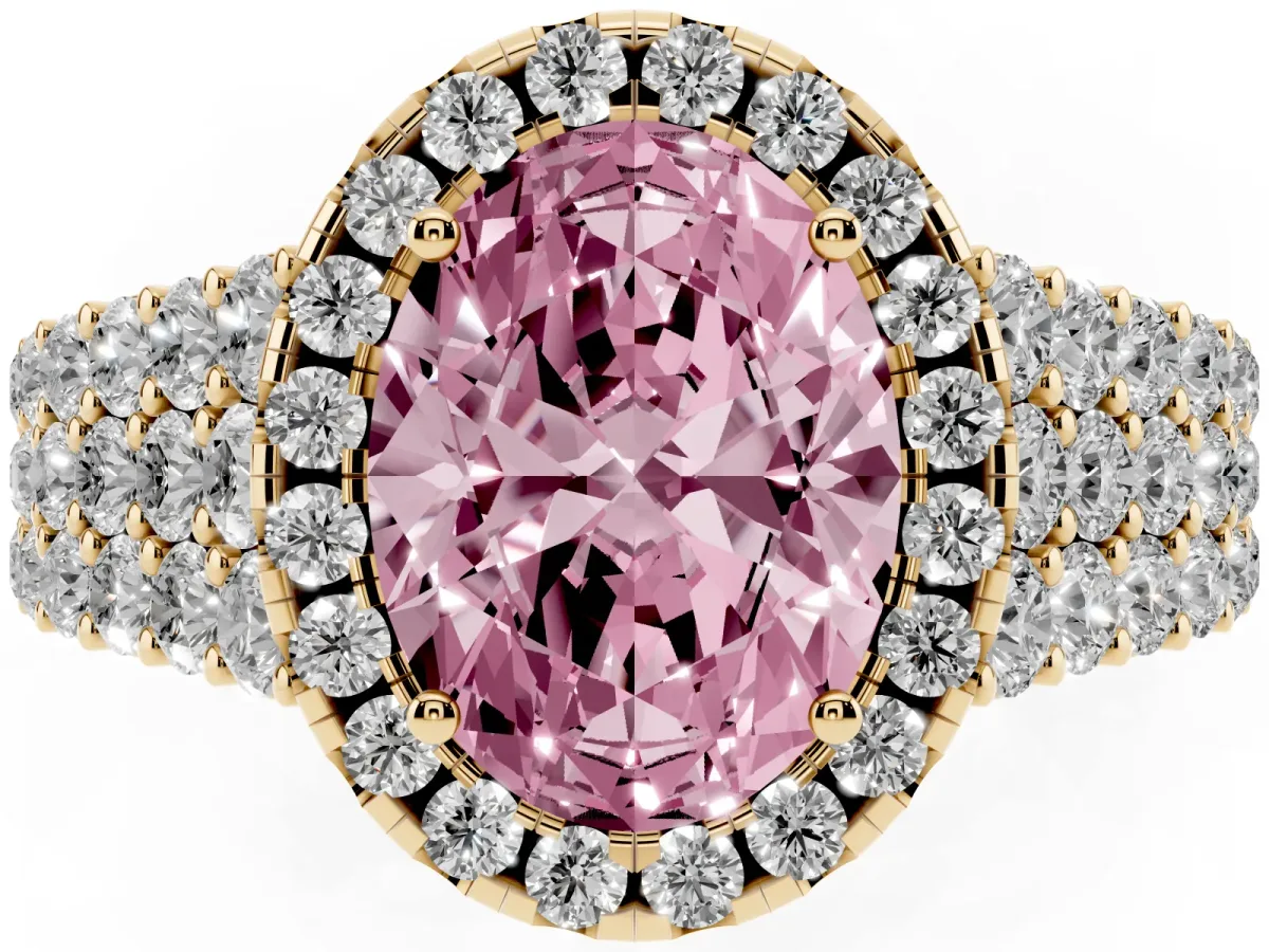 Fancy Pink Oval Cut Diamond Halo Engagement Ring with Triple Row Round Pavé Band and Prong Setting Yellow gold