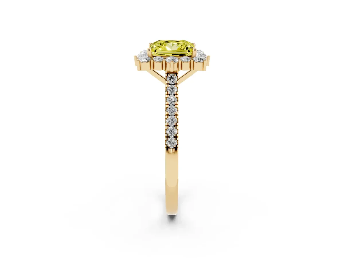 Fancy Yellow Princess Cut Halo Diamond Ring with Pavé Band and Prong Setting Yellow gold
