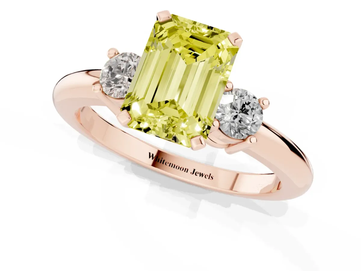 Fancy Yellow Three-Stone Emerald Cut Cut Diamond Solitaire with Prong Setting and Classic Band Rose gold