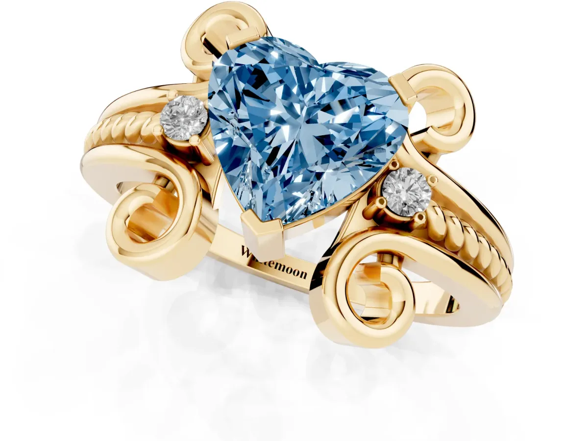 Fancy Blue Heart Cut Solitaire Twisted Band Scroll Prong Ring Yellow gold