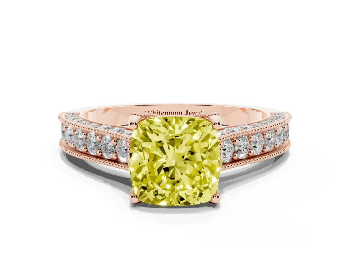 Fancy Yellow Cushion Cut Cut Diamond Solitaire Ring with Milgrain Pave Band and Four Prong Setting Rose gold