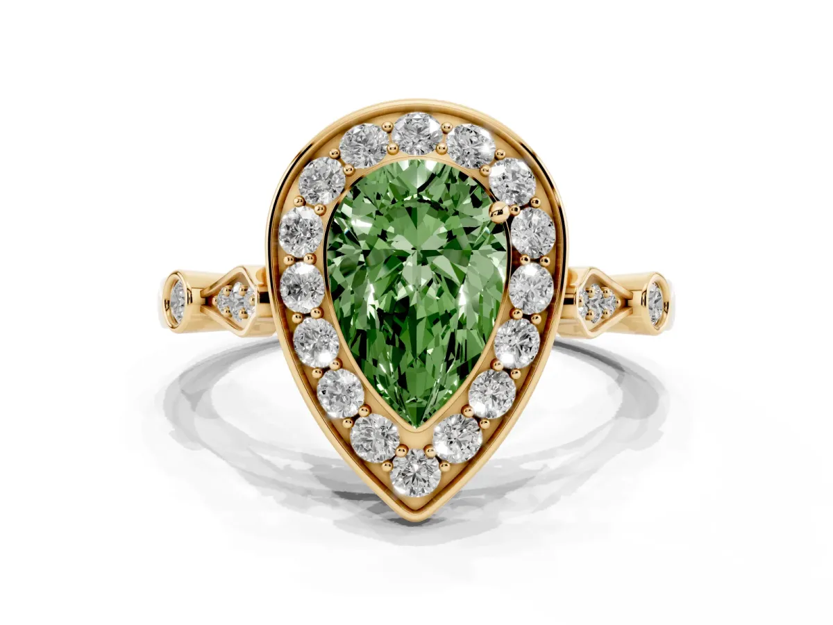 Fancy Green Pear Cut Halo Diamond Engagement Ring with Twisted Band and Four-Prong Setting Yellow gold