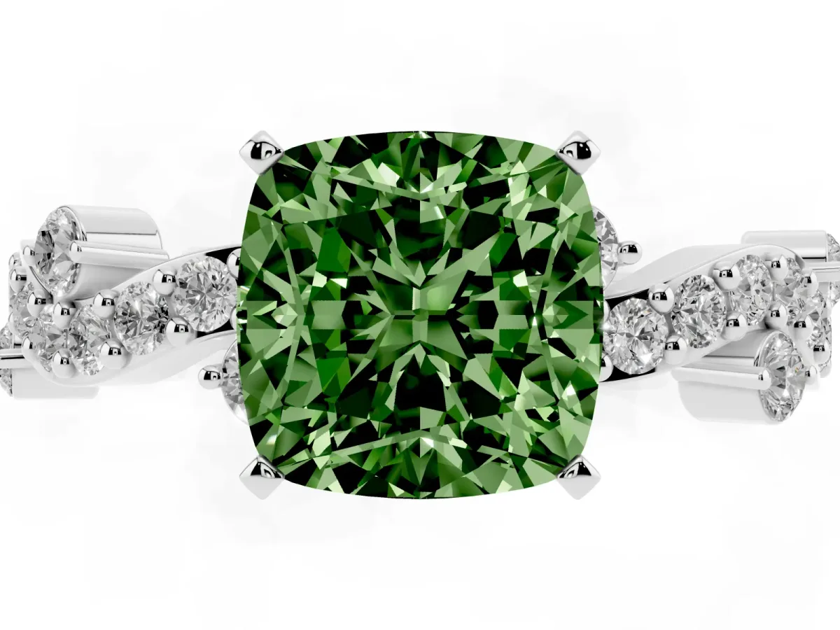 Fancy Green Cushion Cut Cut Solitaire Diamond Twisted Band with Pave Setting Silver
