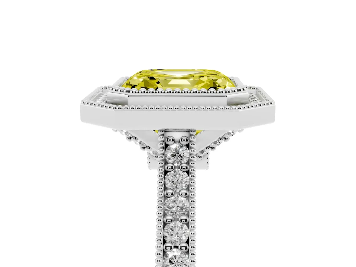 Fancy Yellow Halo Asscher Cut-Cut Diamond Pave Band Milgrain Prong Setting Ring Silver