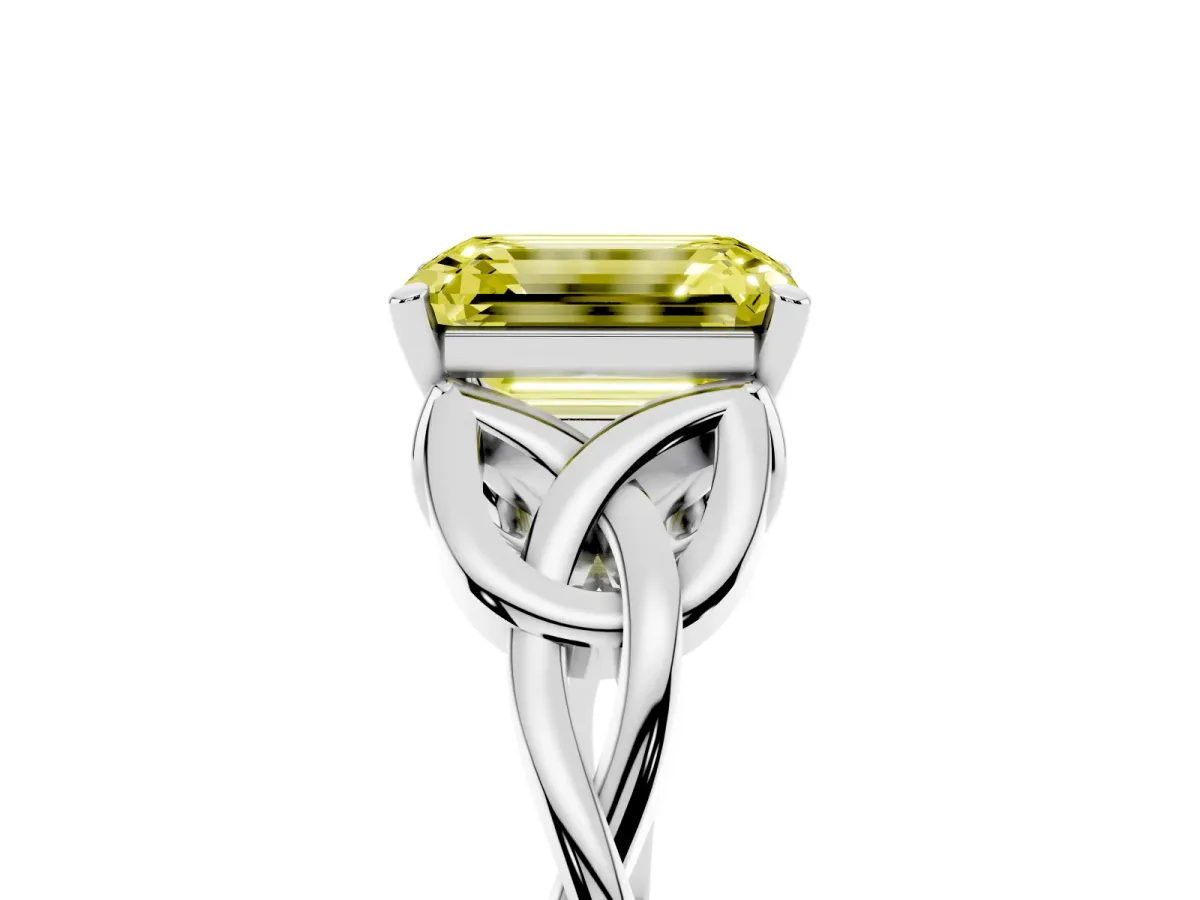 Fancy Yellow Emerald Cut Diamond Solitaire Engagement Ring with Celtic Knot Band and Four-Prong Setting Silver
