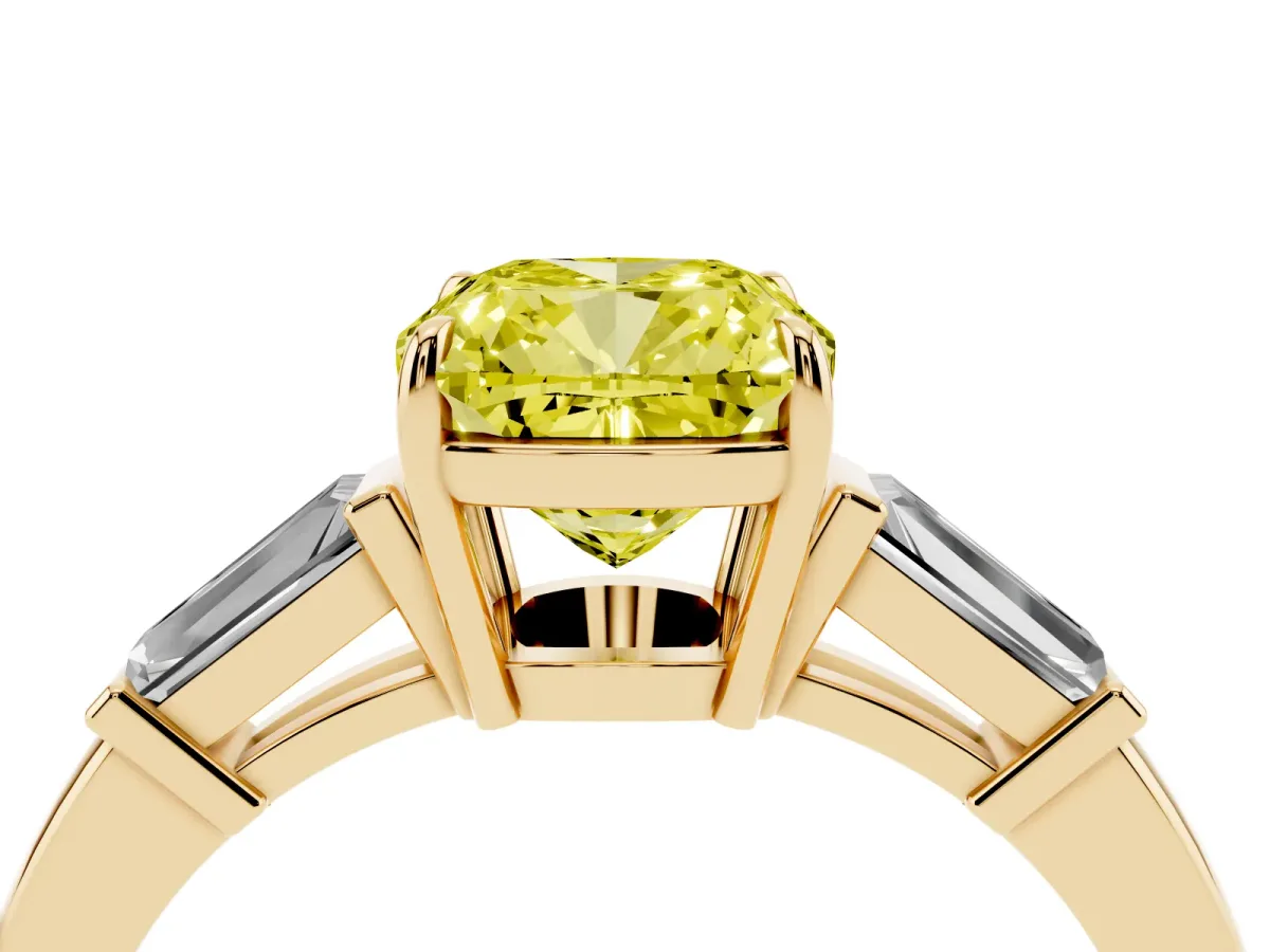 Fancy Yellow Cushion Cut Diamond Three-Stone Ring with Tapered Baguette Side Stones and Prong Setting Yellow gold