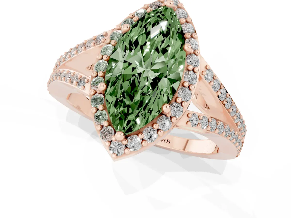 Fancy Green Marquise Cut Halo Split Shank Pave Diamond Ring with Four-Prong Setting Rose gold