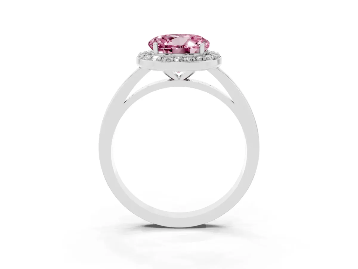 Fancy Pink Round Cut Halo Diamond Ring with Solitaire Band and Prong Setting Platinum