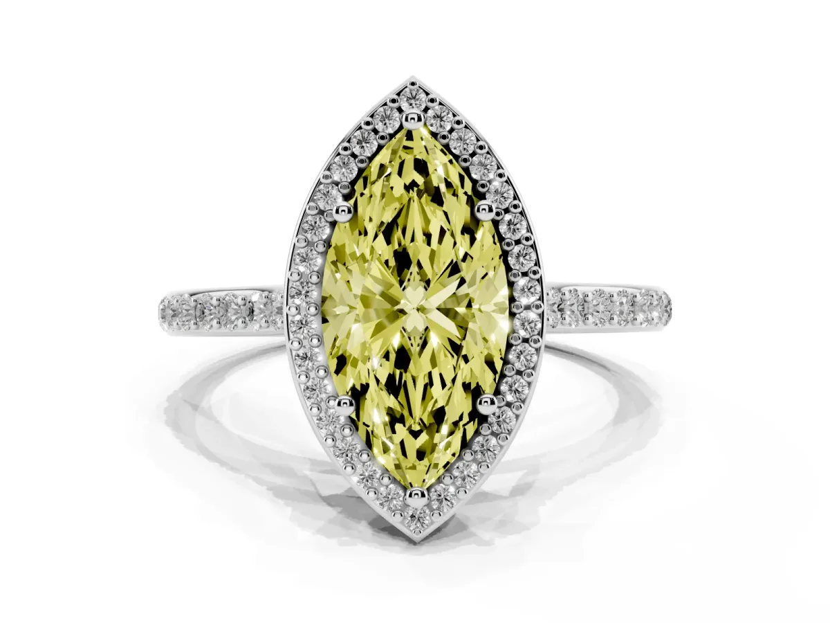 Fancy Yellow Marquise Cut Diamond Halo Engagement Ring with Round Pavé Shoulders and Prong Setting White gold