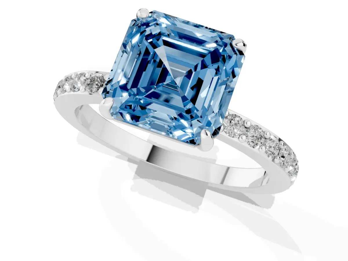 Fancy Blue Asscher Cut Diamond Solitaire Engagement Ring with Pavé Band and Four-Prong Setting Platinum