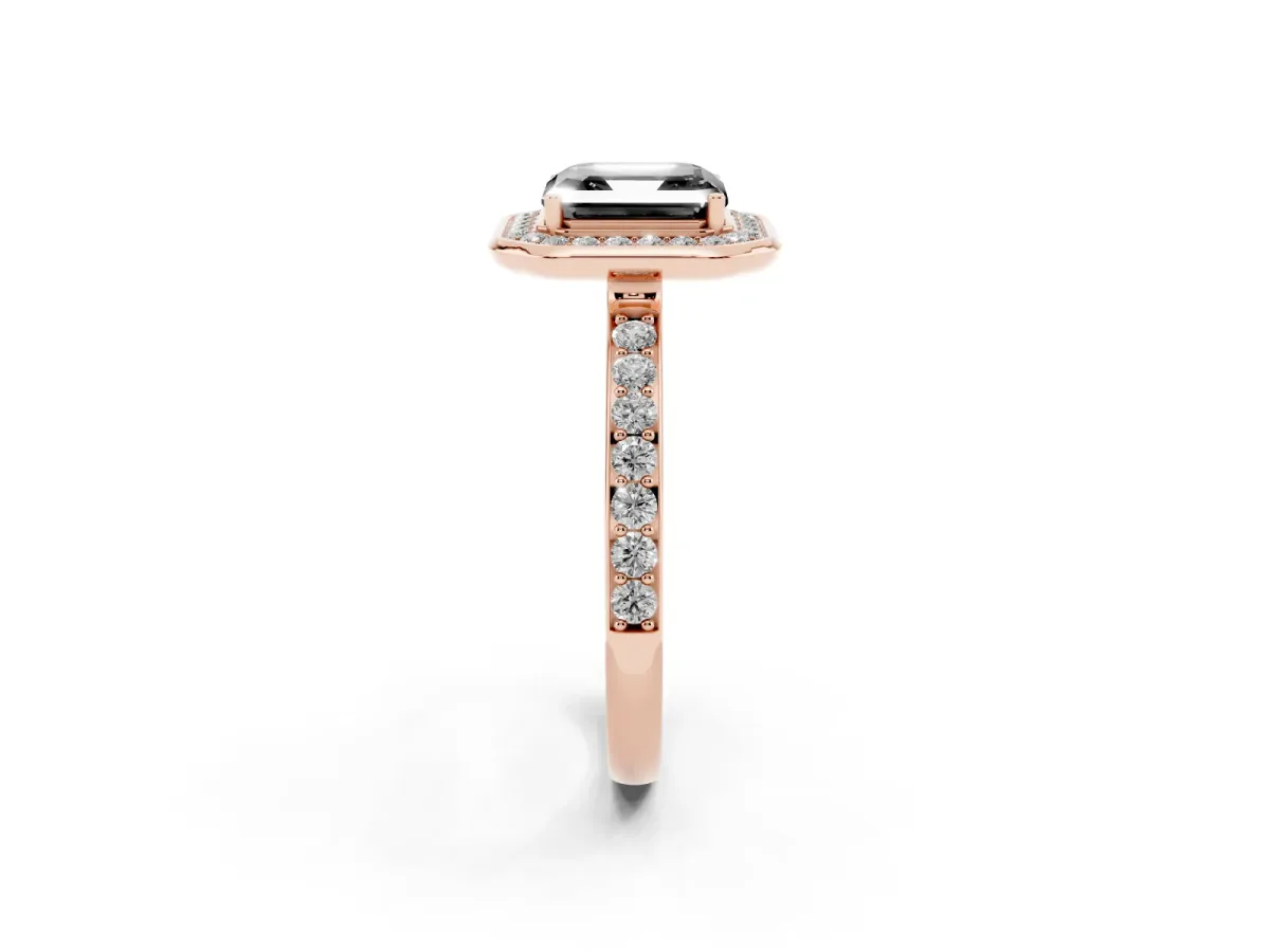Fancy Black Asscher Cut Diamond Halo Ring with Bezel Frame and Pavé Band Rose gold