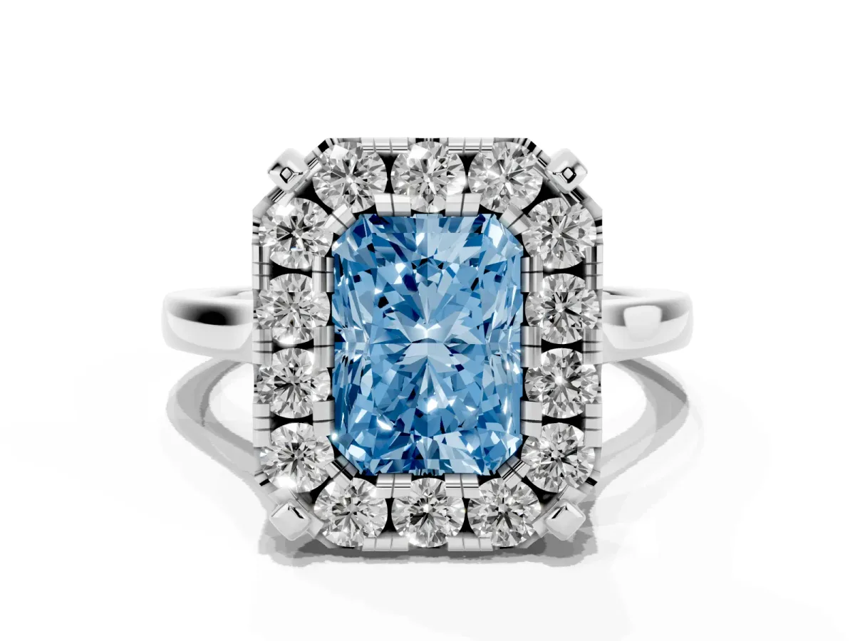 Fancy Blue Radiant Cut Diamond Cluster Halo Solitaire with Four-Prong Setting Platinum