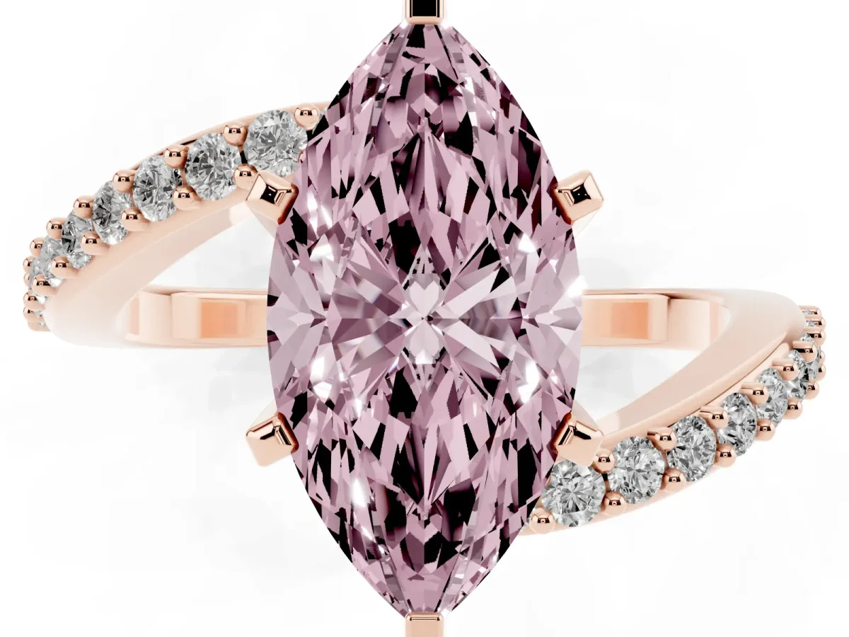 Fancy Pink Marquise Cut Solitaire Twist Band with Pave Set Diamonds and Four-Prong Setting Rose gold