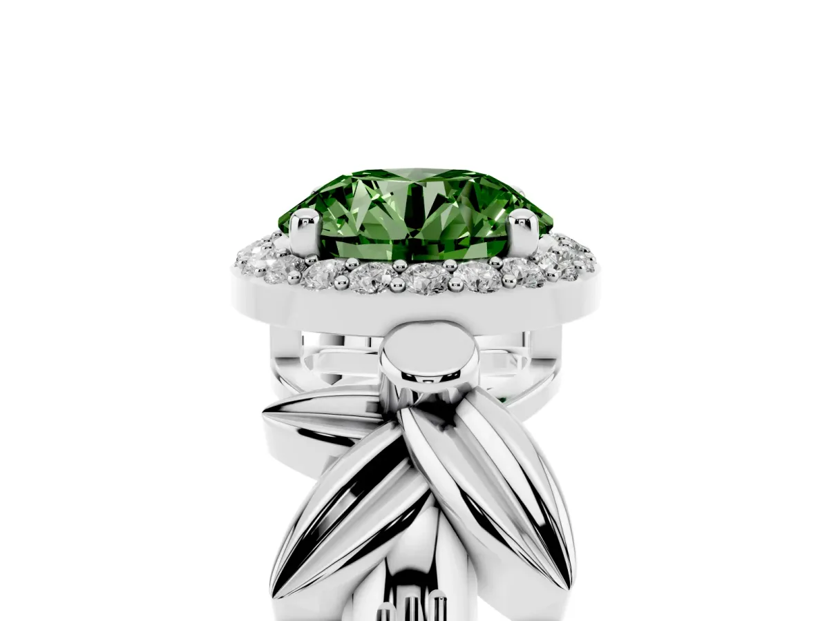 Fancy Green Round Cut Halo Diamond Floral Band with Four-Prong Setting Platinum