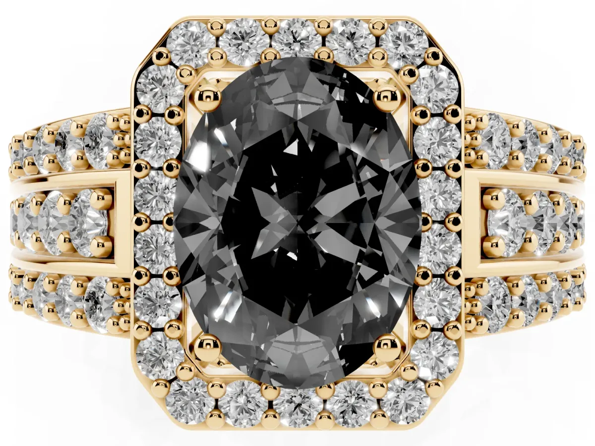 Fancy Black Oval Cut Halo Diamond Ring with Round Split Shank and Prong Setting Yellow gold