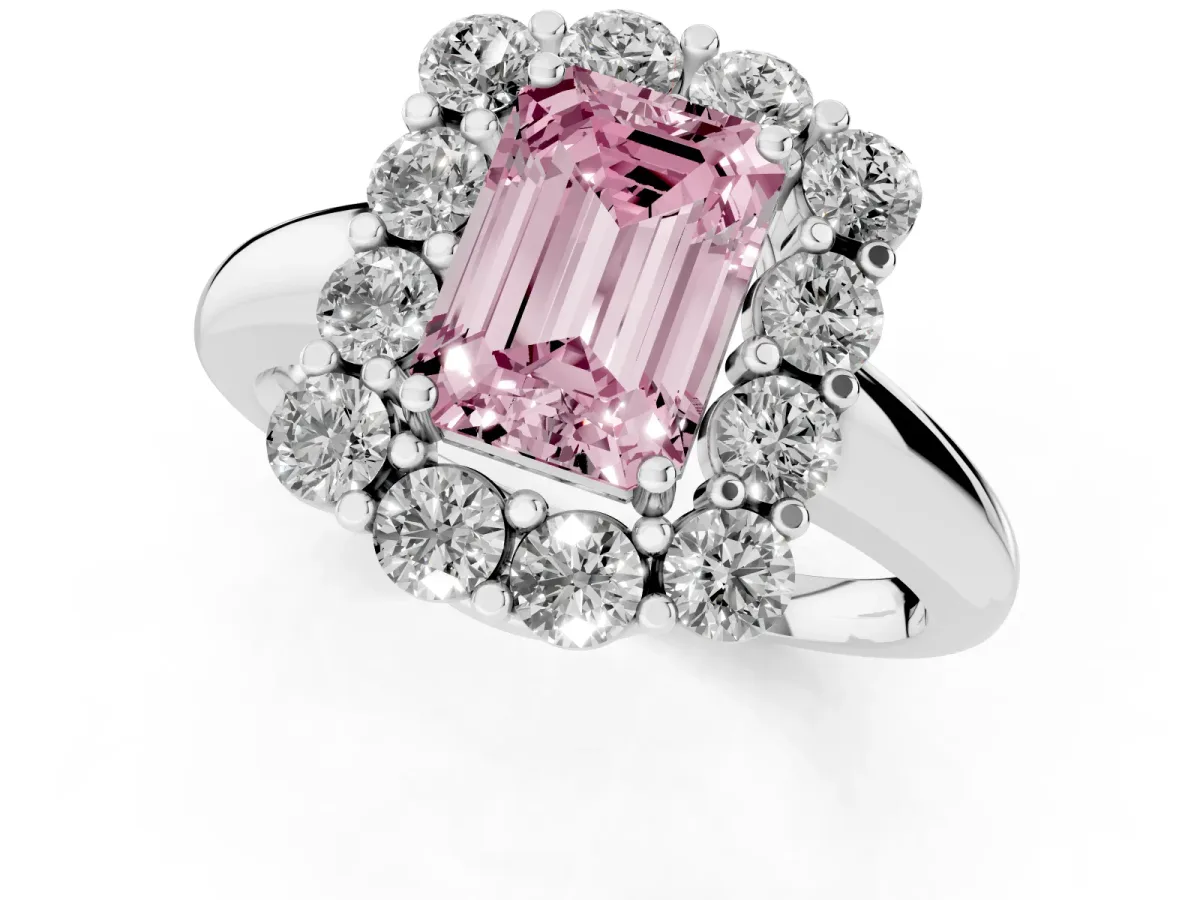 Fancy Pink Emerald Cut Halo Cluster Diamond Engagement Ring with Prong Setting and Polished Band Silver