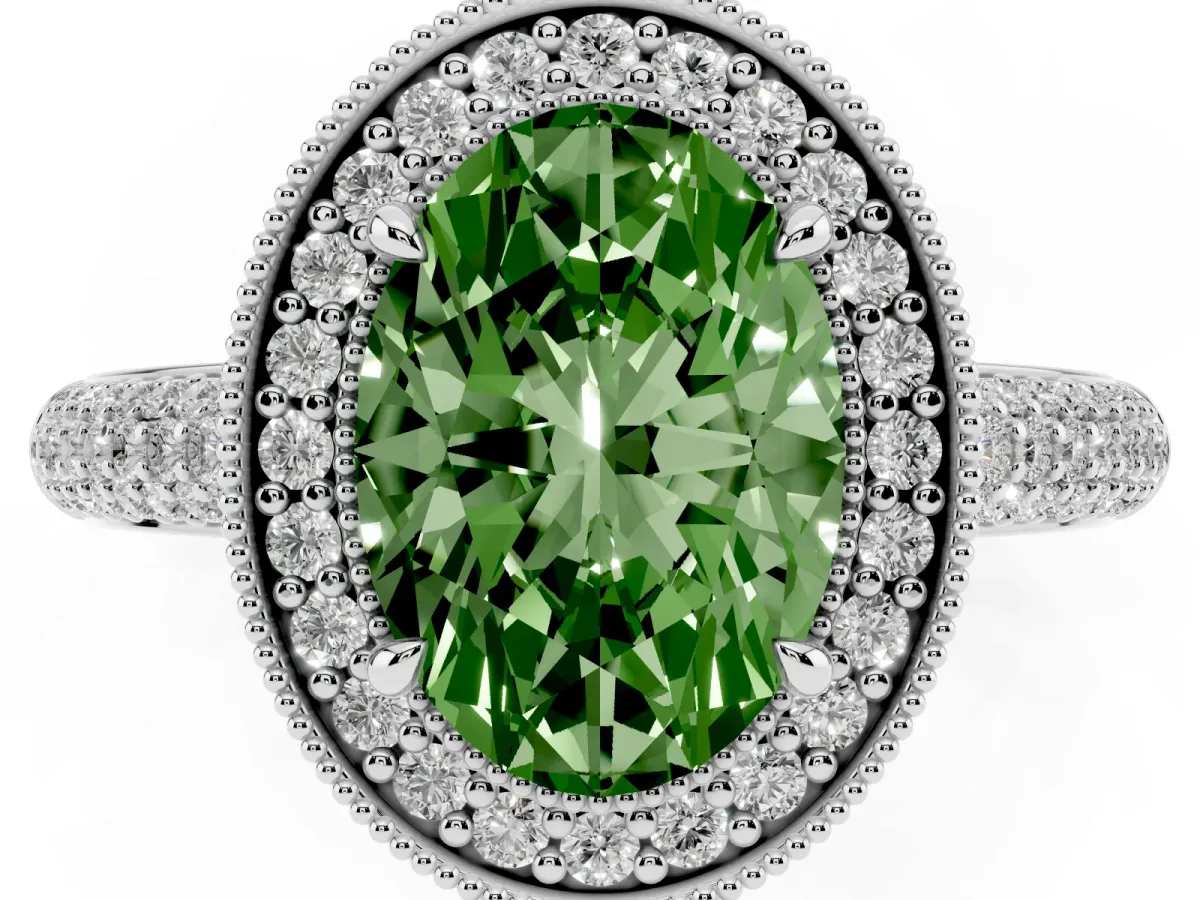 Fancy Green Oval Cut Cut Halo Diamond Pave Band with Four-Prong Setting Silver