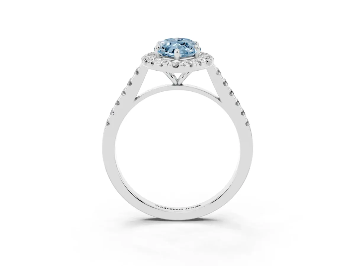 Fancy Blue Marquise Cut Halo Pave Diamond Engagement Ring with Four-Prong Setting Platinum