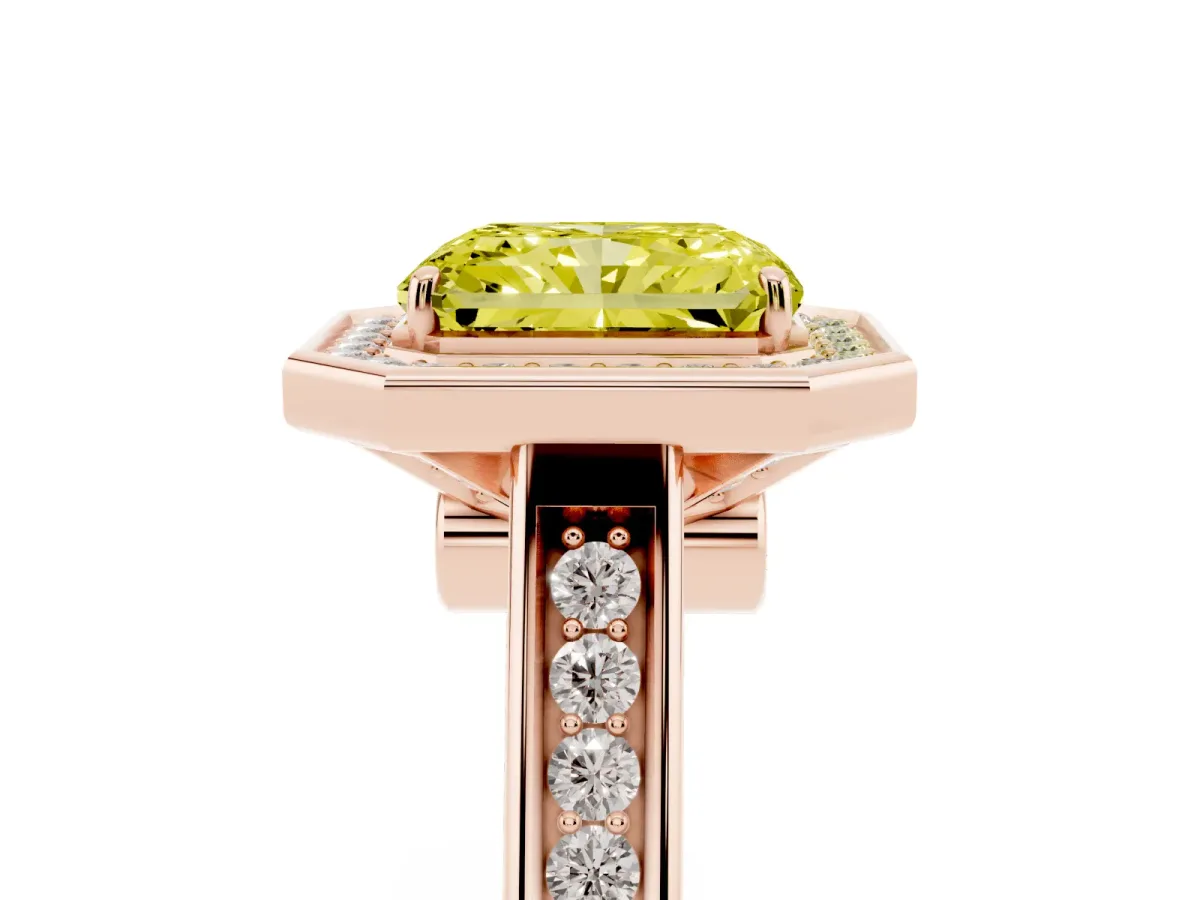 Fancy Yellow Radiant Cut Halo Solitaire Diamond Ring with Pave Band and Bezel Setting Rose gold