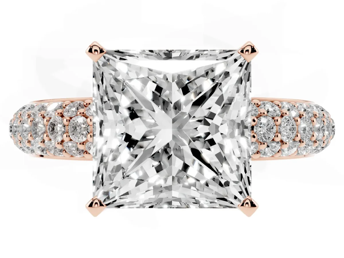 Princess Cut Diamond Solitaire Ring with Prong Setting and Pavé Band Rose gold