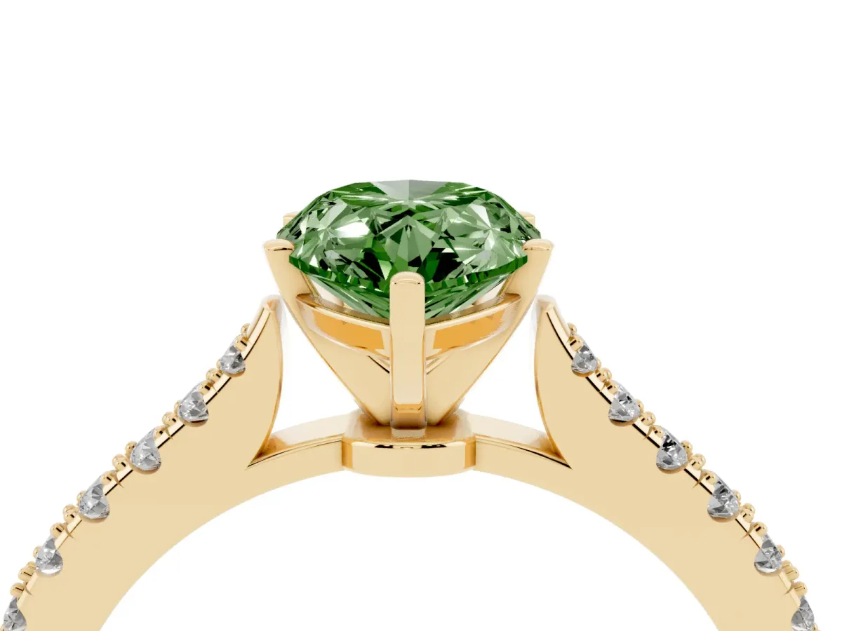 Fancy Green Pear Cut Cut Solitaire Diamond Engagement Ring with Pave Band and Four-Prong Setting Yellow gold