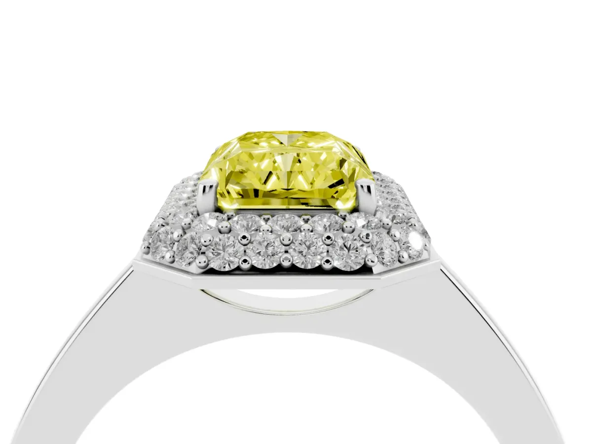 Fancy Yellow Radiant Cut Halo Diamond Engagement Ring with Solitaire Band and Four-Prong Setting Silver