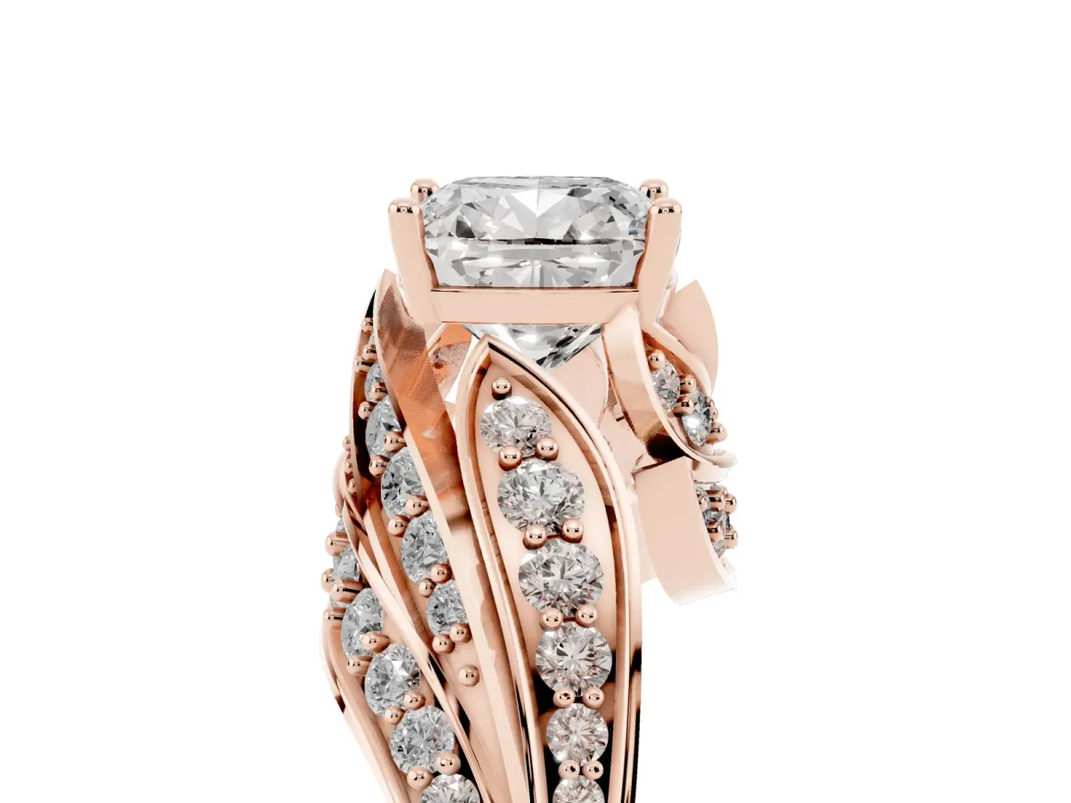 Cushion Cut Diamond Solitaire Ring with Prong Setting and Twisted Pavé Band Rose gold